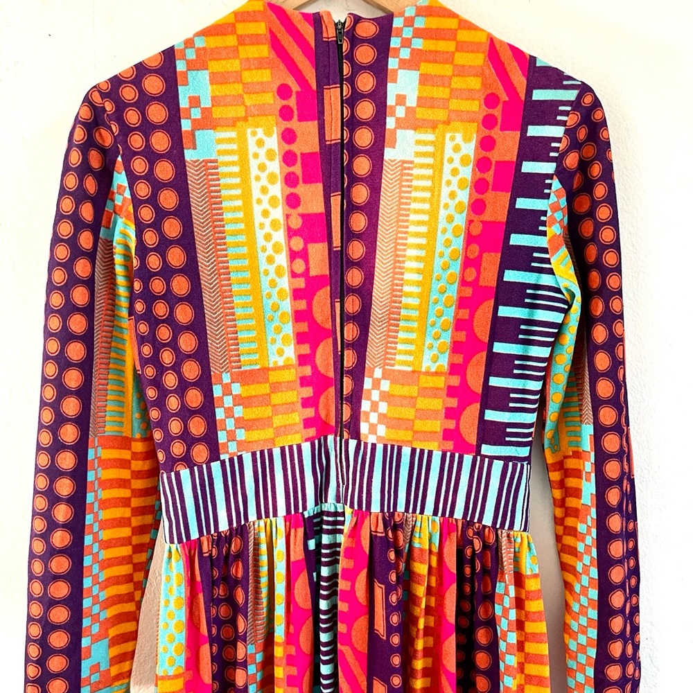 Vintage Colorful Retro Neon Geo Abstract 70s Maxi Gown Jersey Knit Dress - Picture 7 of 13